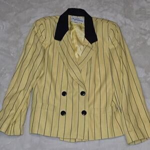 Vintage Oleg Cassini Yellow Pinstripe Blazer Size 10 Double Breasted 80s 90s